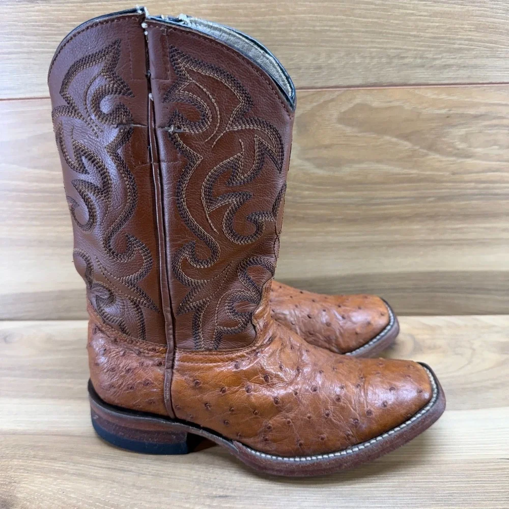 Genuine Ostrich Leather Boys Size 1 Western Boots Square Toe Rodeo Ranch